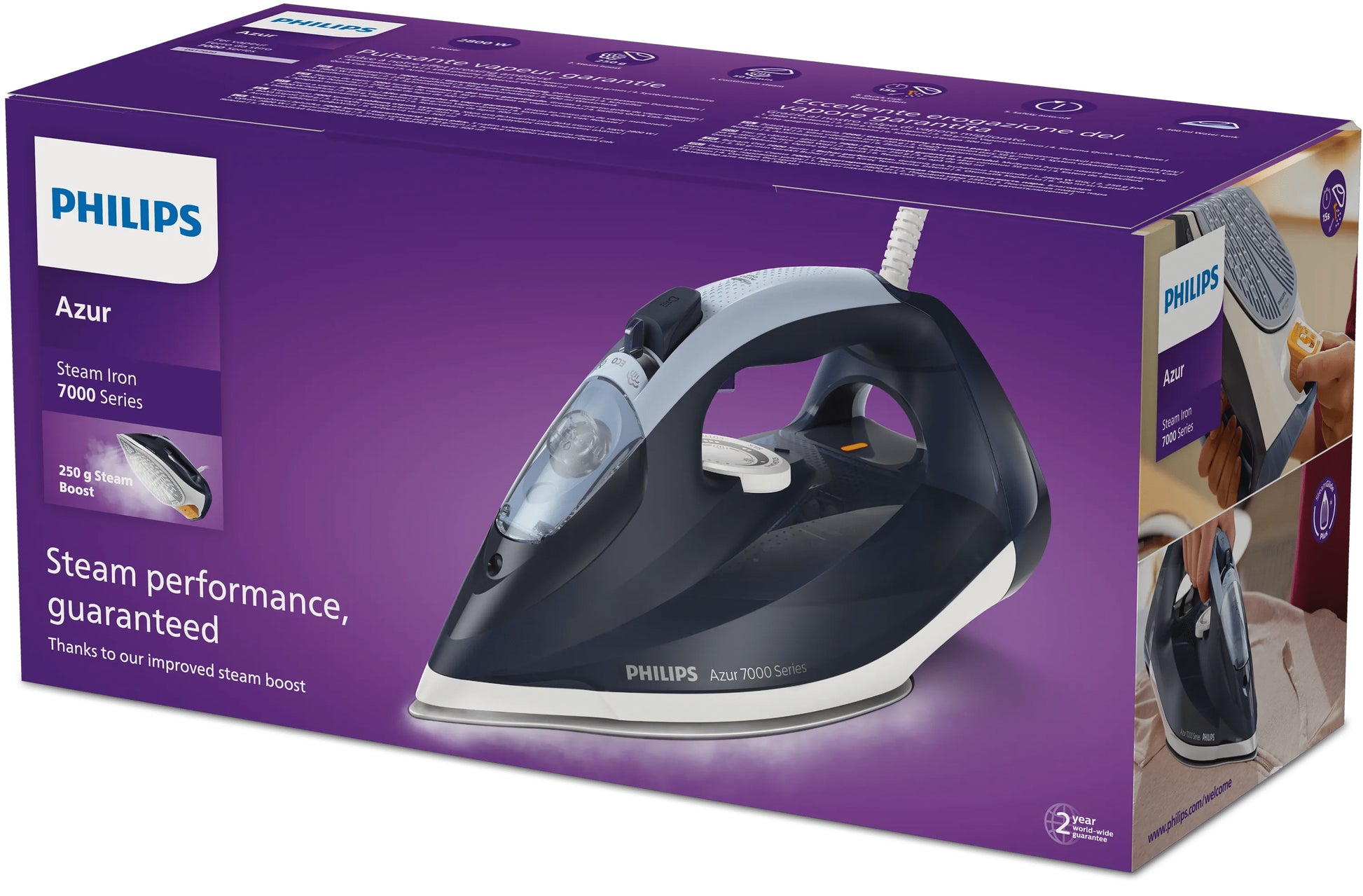 Philips Trocken- & Dampfbügeleisen DST7030/20 – SteamGlide Plus-Sohle, 250 g/min Dampfstoß, 2800 W, Blau