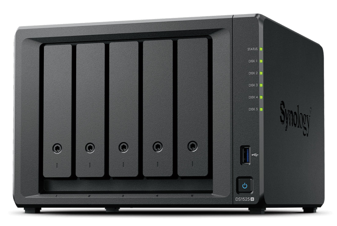 Synology DS1525+ – 5-Bay Tower NAS – AMD Ryzen Embedded V1500B, 8 GB RAM, 2,5GbE, 20 TB HDD vorinstalliert
