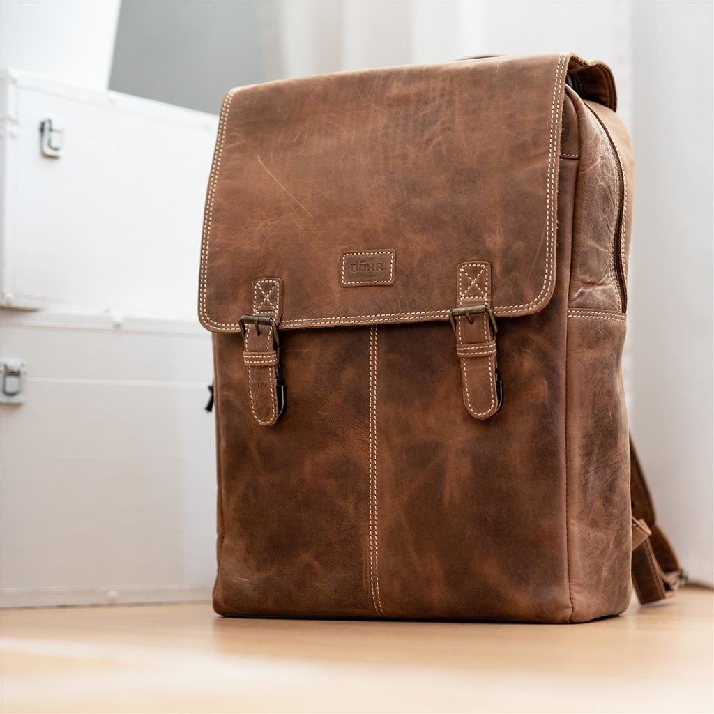 Dörr Kamerarucksack Kapstadt – 170 × 430 × 320 mm, 20 l – Herausnehmbares Kamerafach – Leder, Cognac
