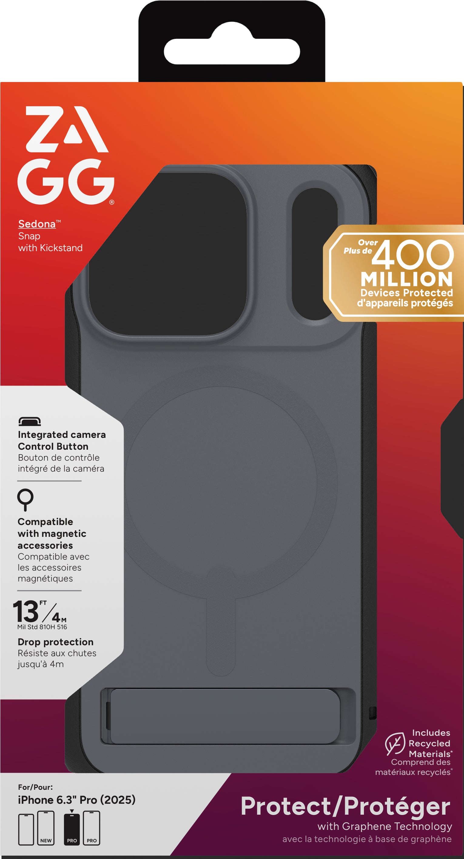 ZAGG Sedona Snap Backcover – für Apple iPhone 17 Pro, mit Ständer, Graphen, Anthrazit, bis 4 m sturzsicher