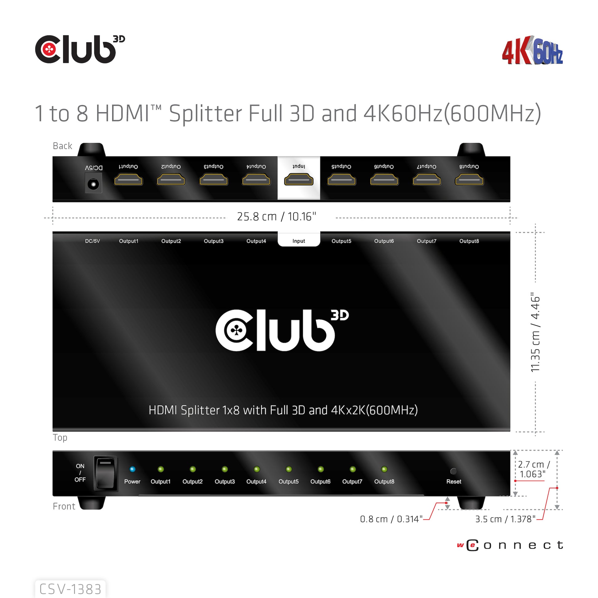 CLUB3D Club 3D – HDMI-Splitter 1×8, externes Netzteil, passiv