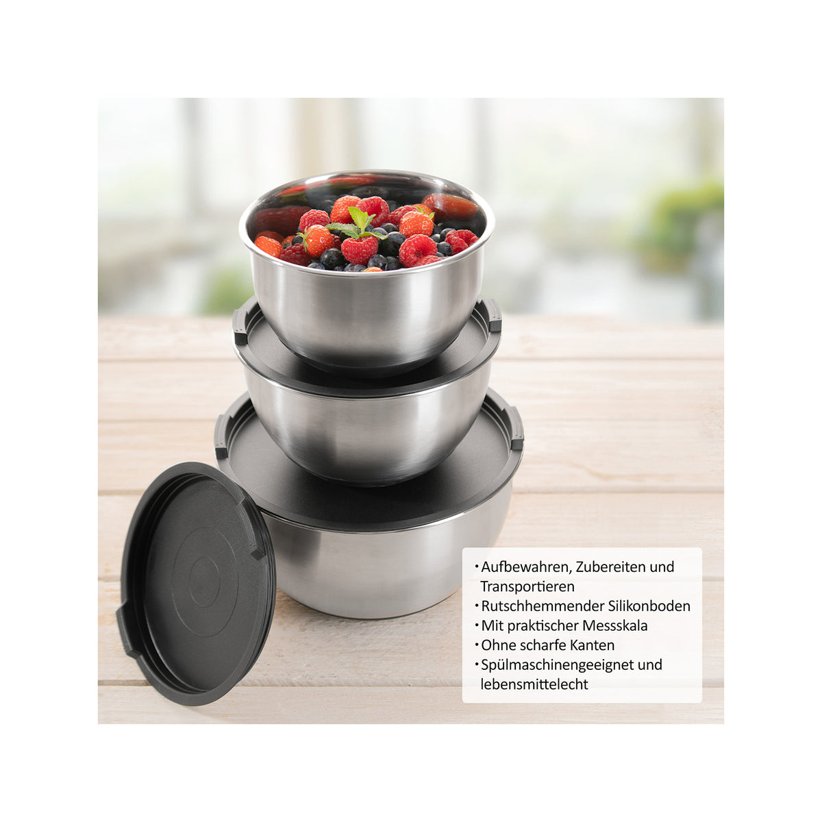 Genius Schüsseln – 3er Set, 1,6 l/2,2 l/3,7 l, Ø 16/18/22 cm, Edelstahl, Schwarz, mit Deckel