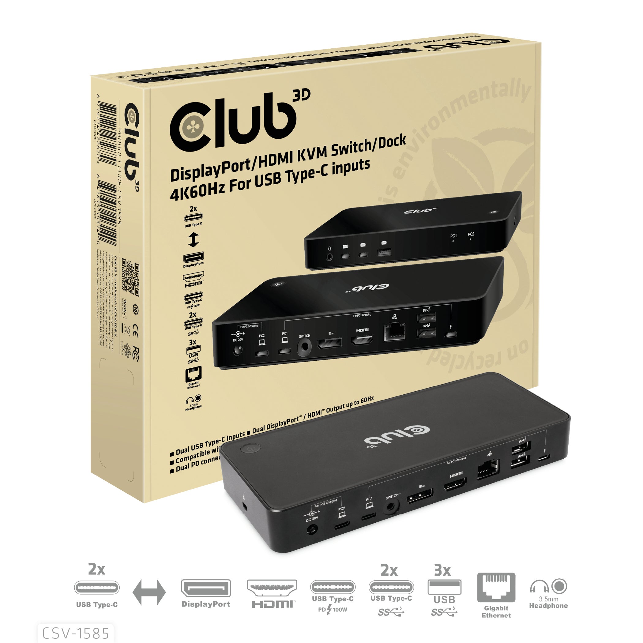 CLUB3D Club 3D – KVM-Switch, USB-C/3× USB 3.2 Gen 1 Typ A/HDMI/DisplayPort/LAN, PD 120 W, 1 Gbit/s