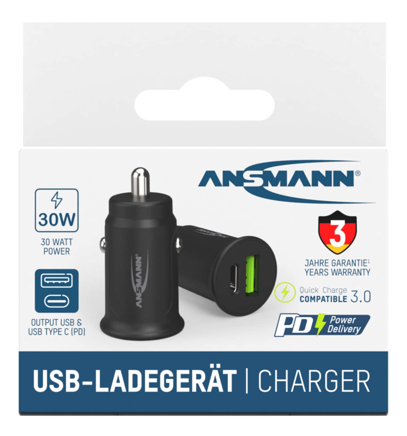 Ansmann CC230PD Auto-Ladegerät 30 W – USB-C×1, USB-A×1 – PD, Smart-IC – für Smartphones (Android, iPhone)