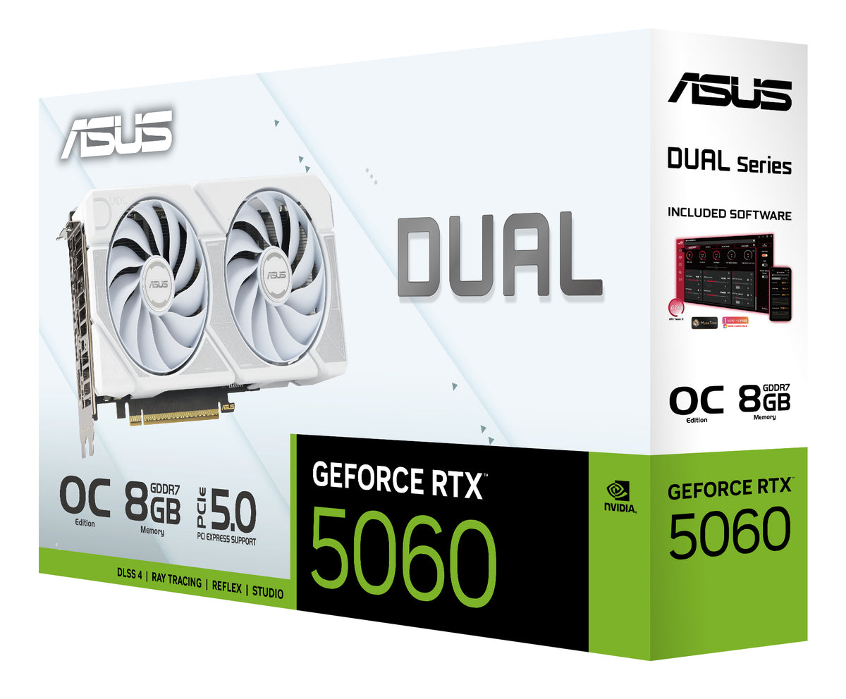 ASUS DUAL RTX 5060 OC – PCIe Grafikkarte – GeForce RTX 5060, 8 GB GDDR7, PCIe 5.0, 3×DP, 1×HDMI, Weiss