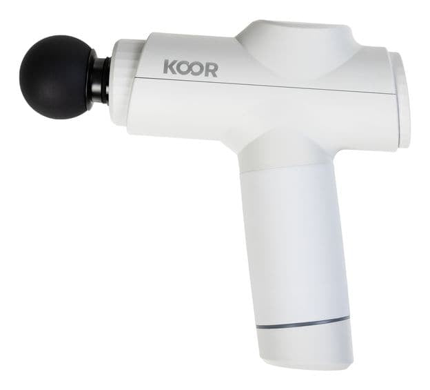 KOOR Massagepistole – Perkussionsmassage, 5 Stufen, mit Wärmefunktion – Weiss, 5 Köpfe – USB, 8 h Laufzeit