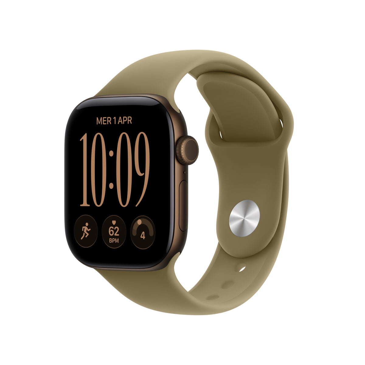 Apple Watch Series 12 42 mm GPS + Cellular – Aluminium Dunkelbronze, Sportarmband Oliv, S/M, 50 m, für iPhone