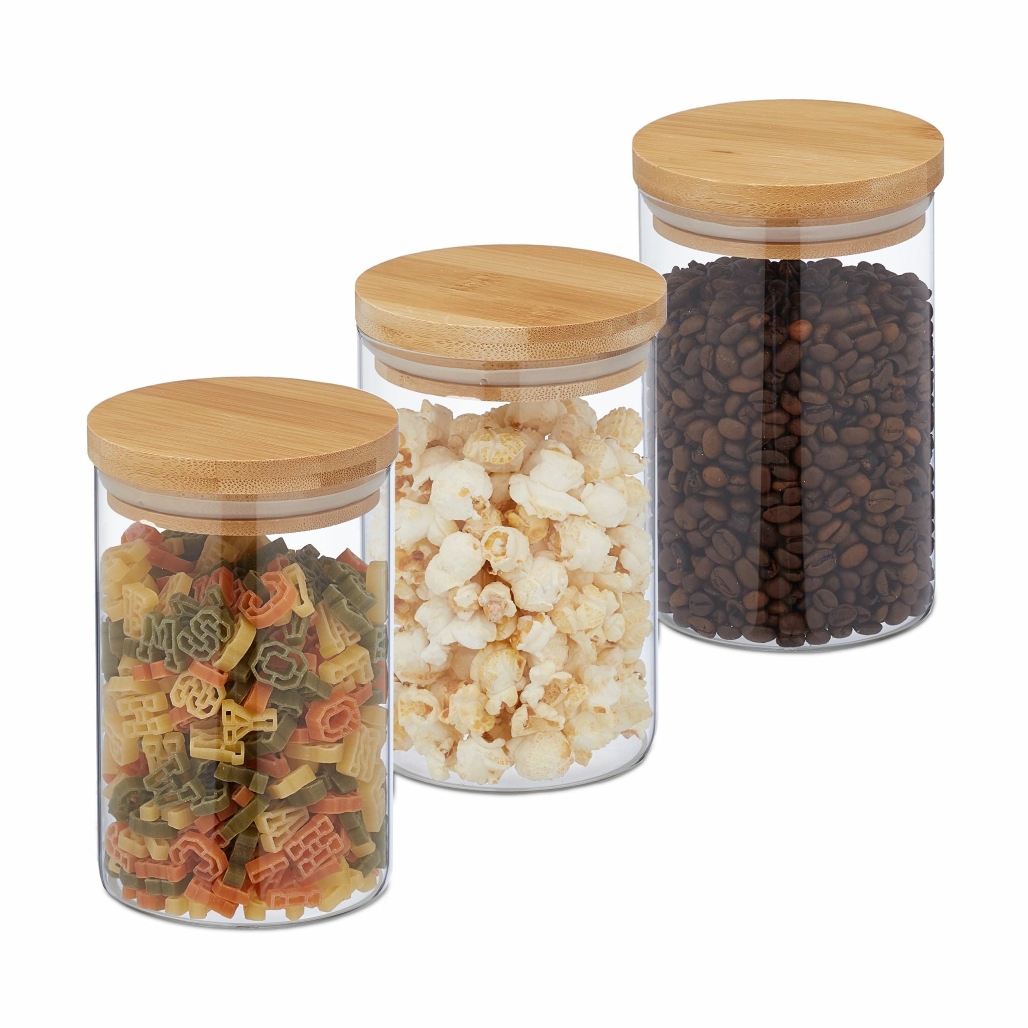 Relaxdays Vorratsdose 800 ml, Ø 10 × 15 cm, Glas/Bambus/Silikon, 3er-Set, Transparent/Hellbraun