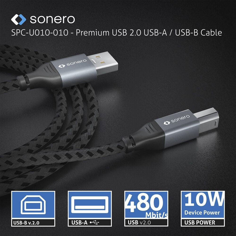 Sonero – USB-A auf USB-B Kabel – USB 2.0 (480 Mbit/s) – 1,5 m – Geflochten – Schwarz/Grau