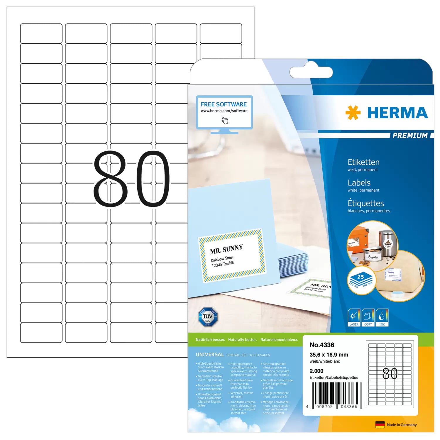HERMA Druckeretiketten, 36 mm × 17 mm, weiss, Papier, permanent, 2000 Etiketten (25 Blätter)