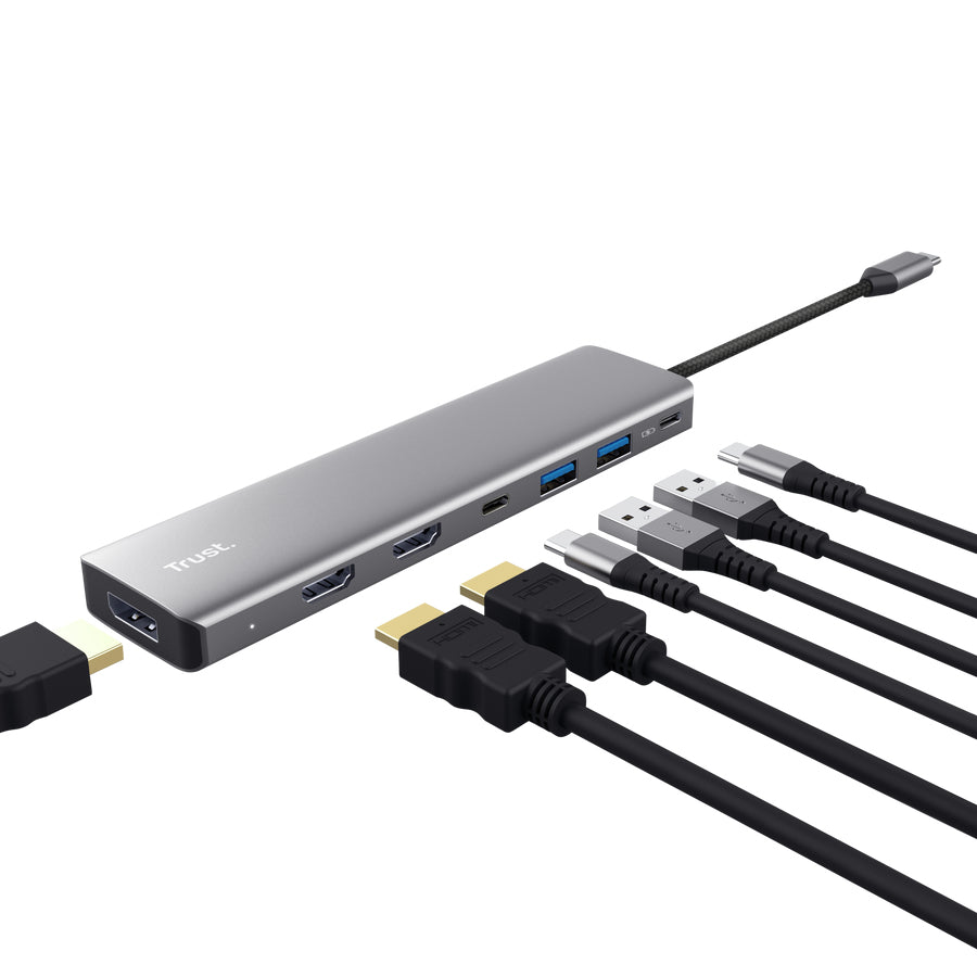 Trust USB-C Multiport-Adapter – 3× HDMI + 2× USB-A + 2× USB-C, USB 3.2 Gen 1, für Windows/Mac/ChromeOS