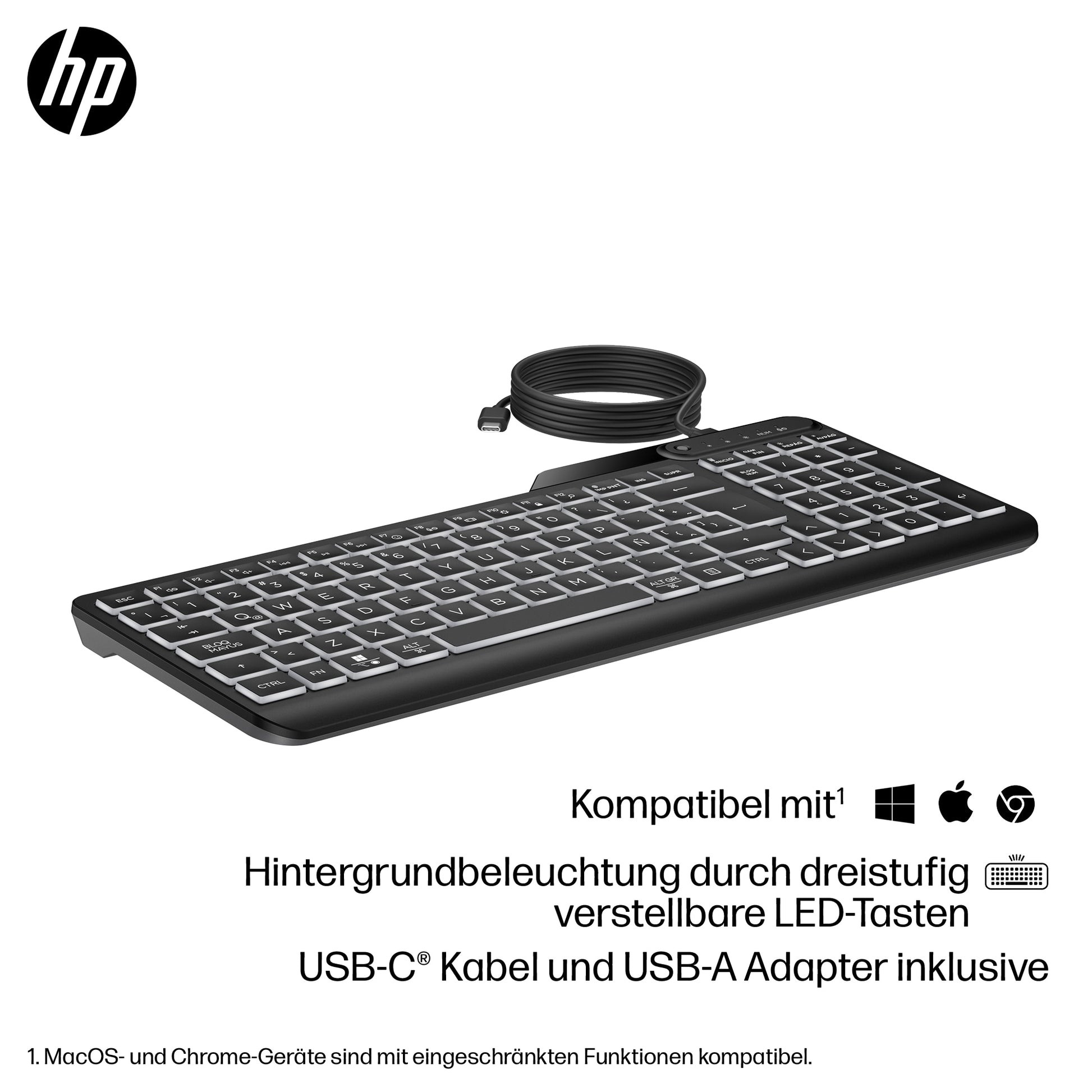 HP 405 – Tastatur, kabelgebunden (USB-C), Fullsize (mit Ziffernblock) – für Windows 10, Windows 11 & ChromeOS
