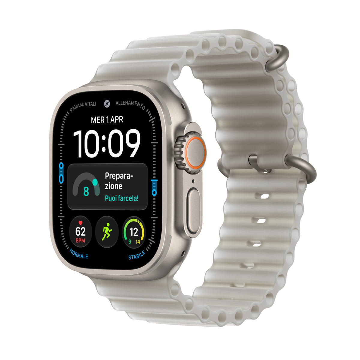 Apple Watch Ultra 4 49 mm GPS + Cellular – Titan Natur, Ocean Band, Halbtransparentes Grau, 100 m, für iPhone