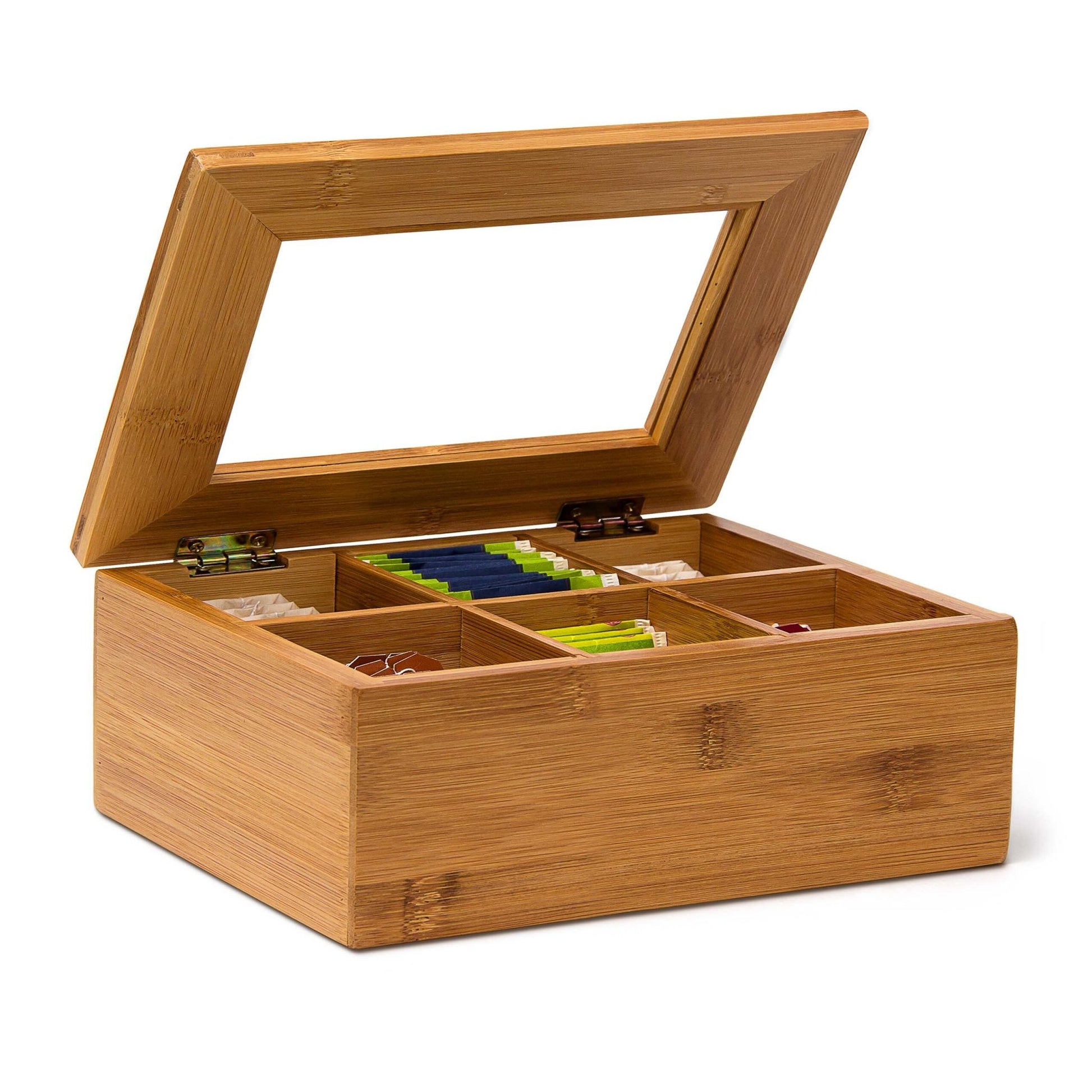 Relaxdays Teebeutelbox Bambus/Kunststoff, 6 Fächer, 22 × 16 × 9 cm