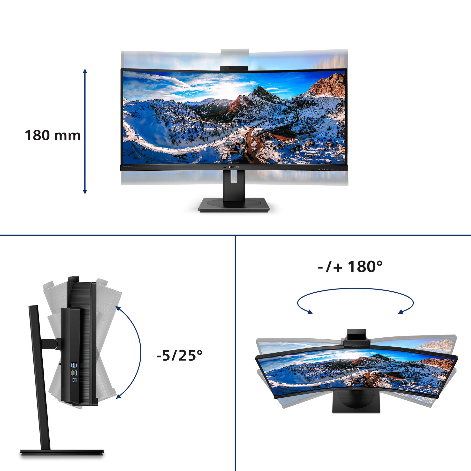 Philips 346P1CRH/00 – 34" Curved, 3440 × 1440 (UWQHD), VA, 100 Hz, USB‑C 90 W, Webcam, LAN, DisplayHDR 400