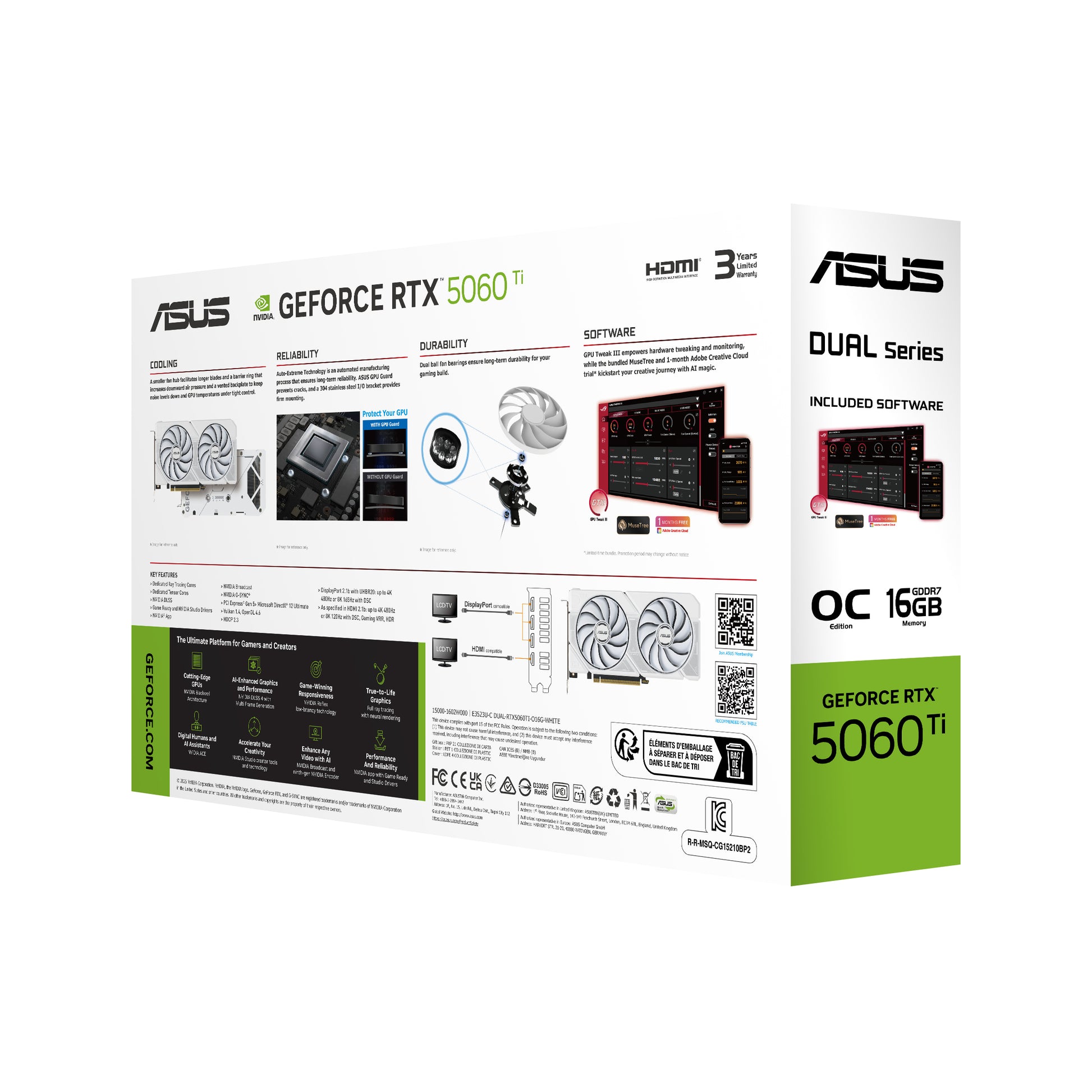 ASUS DUAL-RTX5060TI-O16G-WHITE – Grafikkarte – GeForce RTX 5060 Ti, 16 GB GDDR7, PCIe 5.0, 3×DP/1×HDMI, Weiss