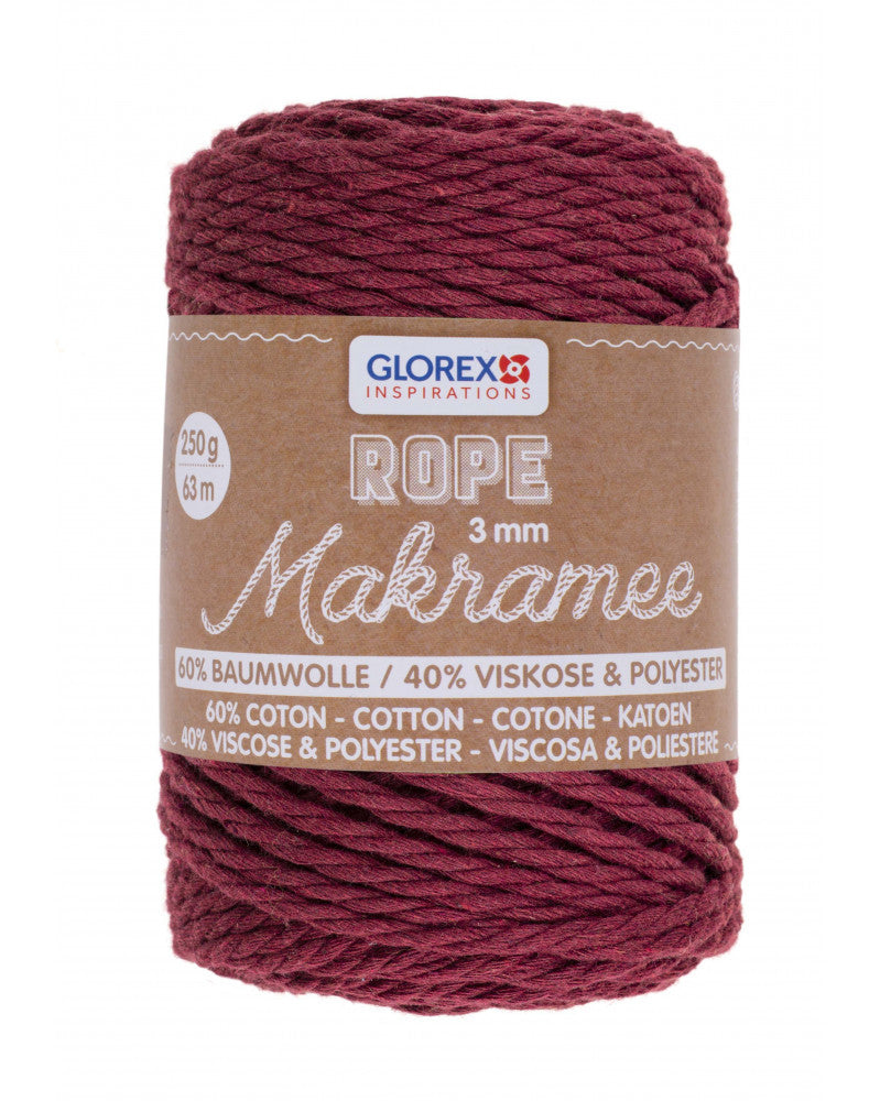 GLOREX Gedrehte Makramee-Kordel Bordeaux – Ø 3 mm, 259 g, 63 m, Wolle, 1 Stk.