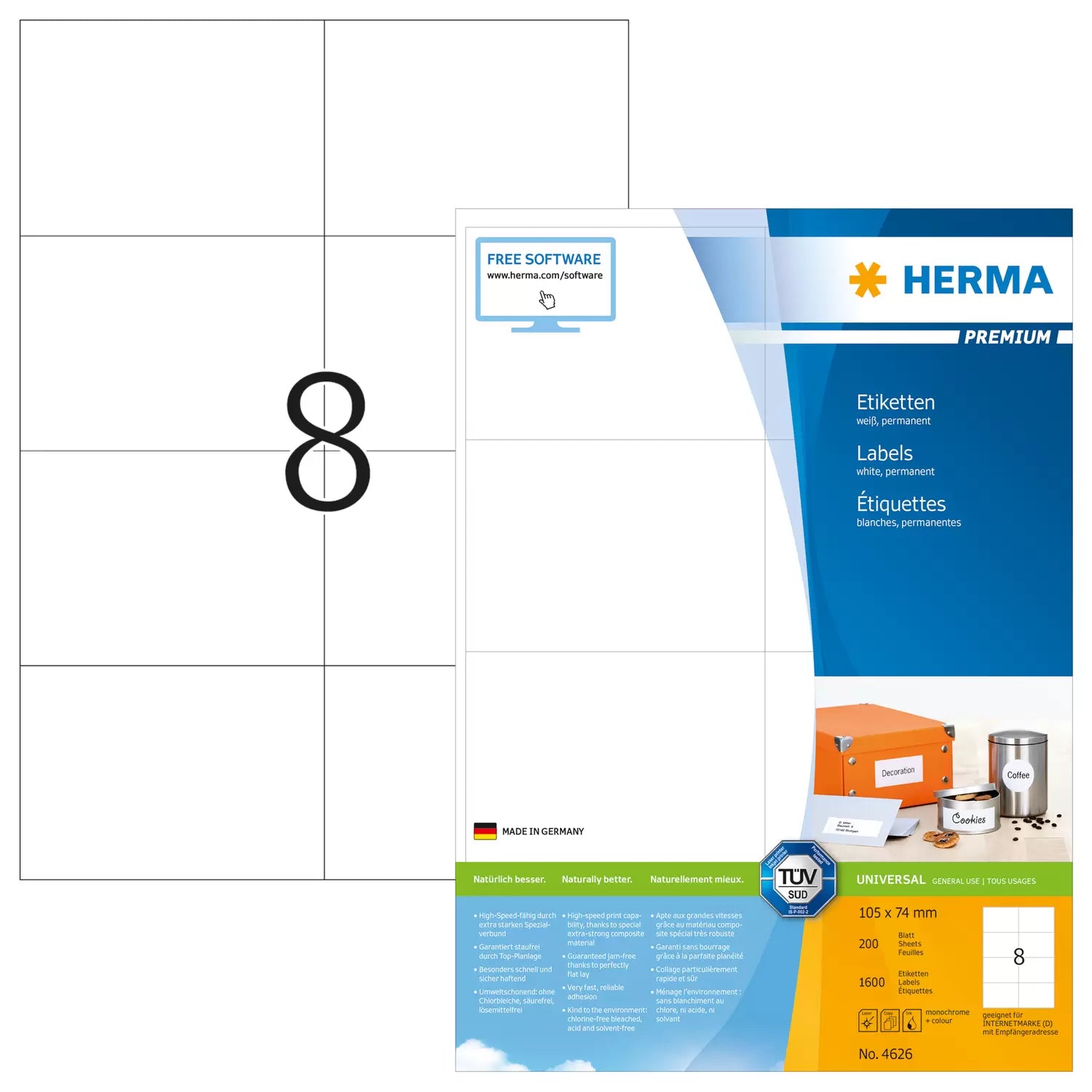 HERMA Druckeretiketten, 105 mm × 74 mm, weiss, Papier, permanent, 200 Blätter (1'600 Etiketten)