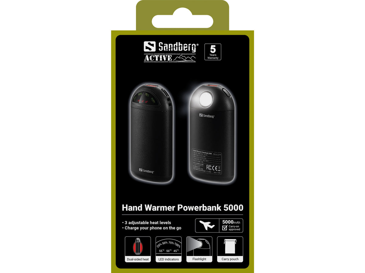 Sandberg 421-54 Batteriebetriebener Handwärmer – 55 °C, wiederaufladbar, LED-Akkustand – schwarz