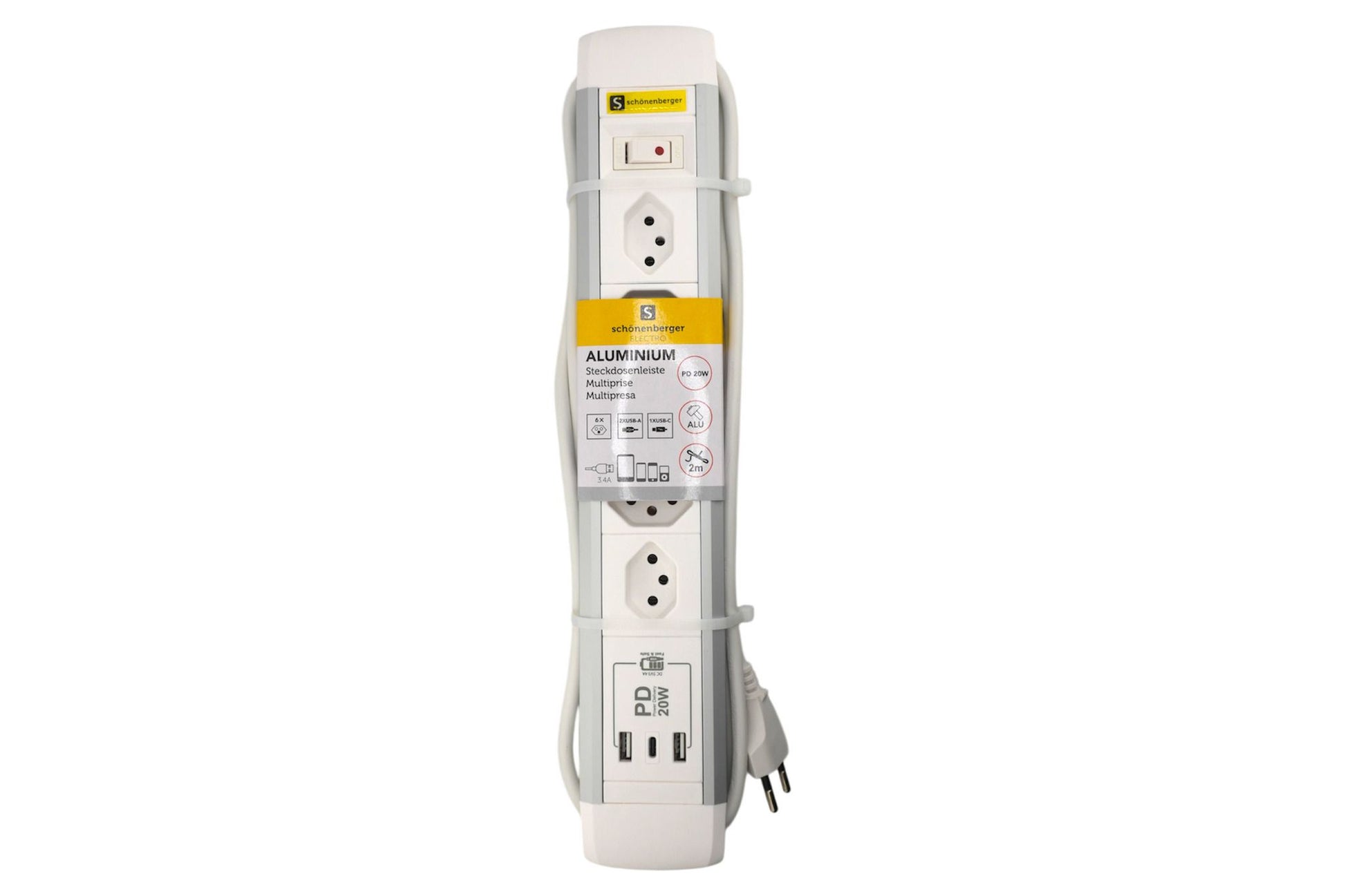 M. Schönenberger Schönenberger Standard Steckdosenleiste, 6×T13, 3×USB (1×USB‑C 20 W), mit Schalter, 2 m – Weiss