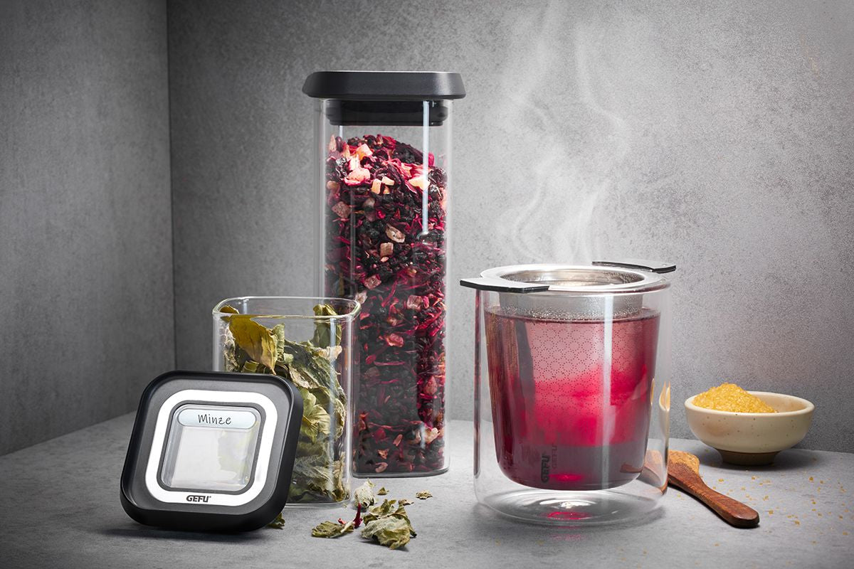 GEFU PANTRY Mini – Vorratsdose 180 ml, 180 ml, 400 ml, Glas (Borosilikat)/Kunststoff/Edelstahl, 3-teilig, tran