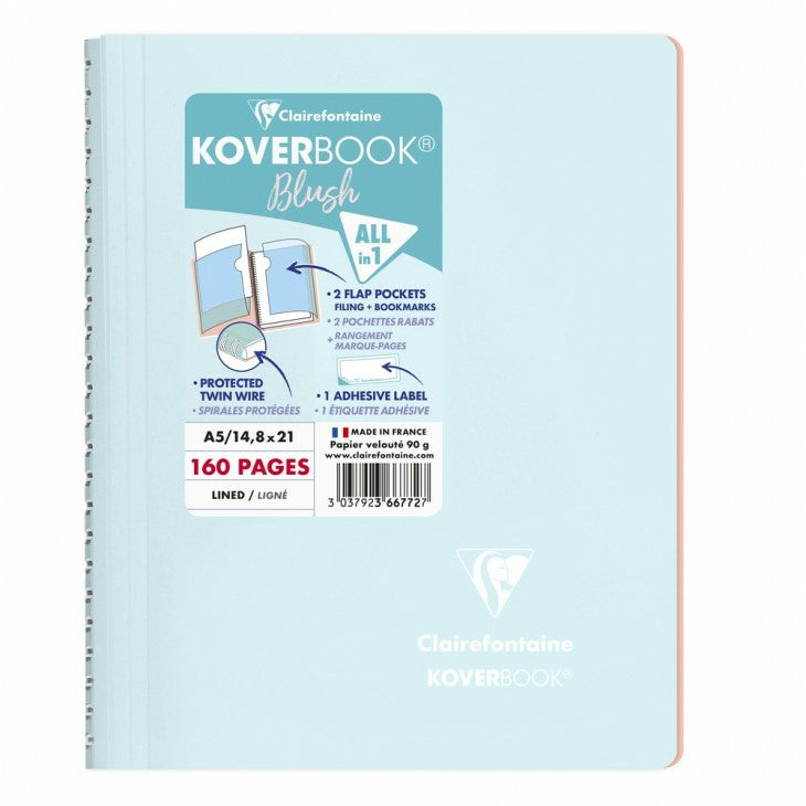 Clairefontaine Collegeblock – A5 – Liniert – 160 Seiten – 90 g/m² – Doppelspirale, 2 Taschen, Eisblau – PEFC
