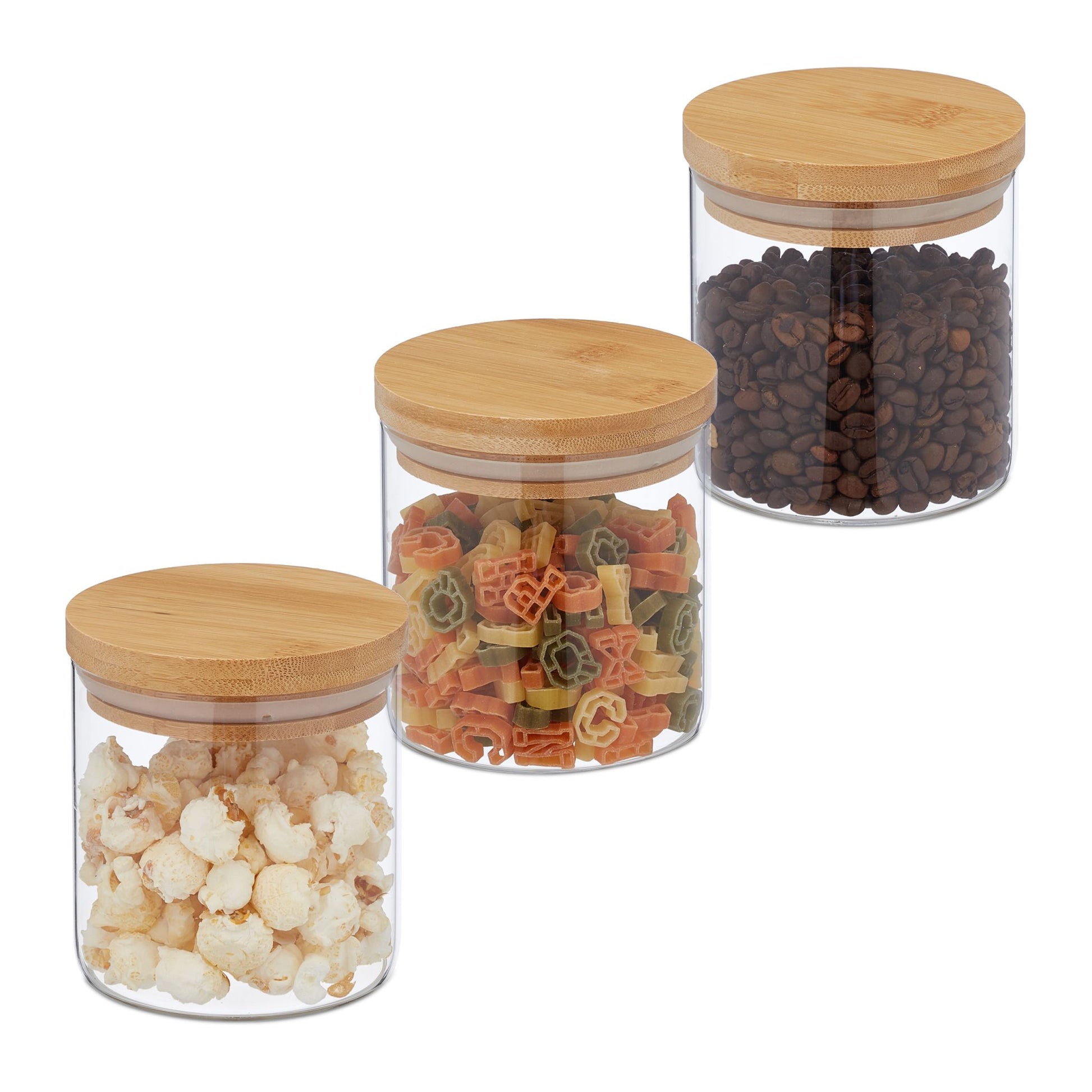 Relaxdays Vorratsdose 500 ml, Ø 10 × 10,5 cm, Glas/Bambus/Silikon, Transparent/Natur