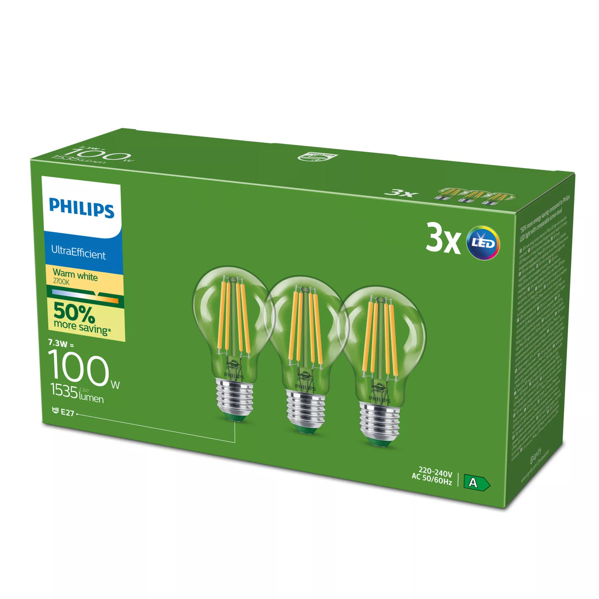 Philips by Signify Philips LED-Leuchtmittel E27 A60 – Warmweiss 2700 K, 1535 lm, 7,3 W – 3 Stk. – Klar, Glas