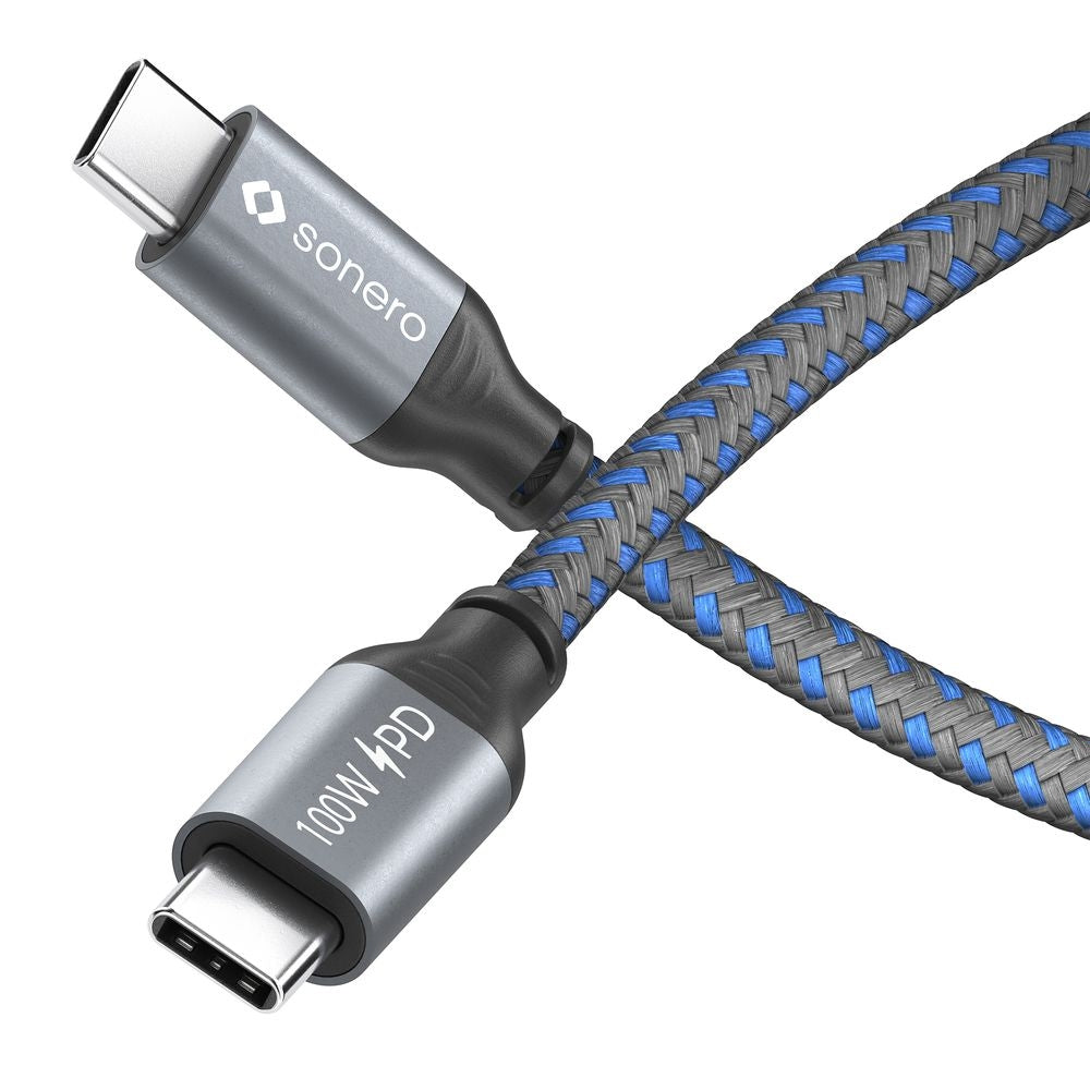 Sonero – USB-C auf USB-C Kabel – USB 2.0 (480 Mbit/s) – 2 m – PD 100 W – Baumwollmantel, Blau/Grau