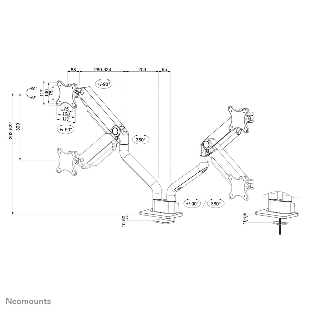 Neomounts Ds70S-950Wh2 – Monitorarm, 2, Klemme/Durchführung, bis 35", VESA 75 × 75/100 × 100 mm, 18 kg