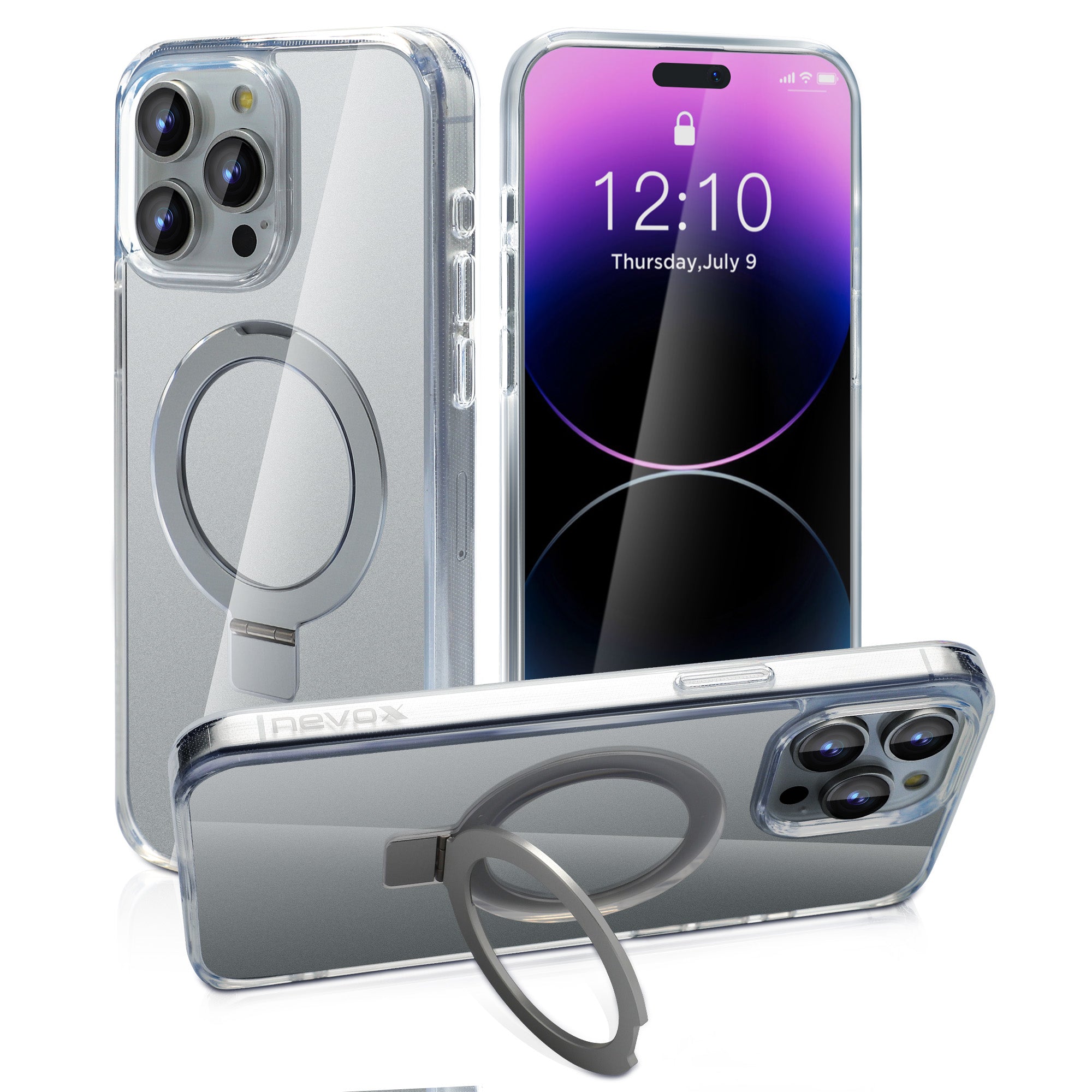 nevox StyleShell SHOCKFlex Backcover – für Apple iPhone 16 Pro Max, mit Ständer, Metall+PC+TPU, transparent