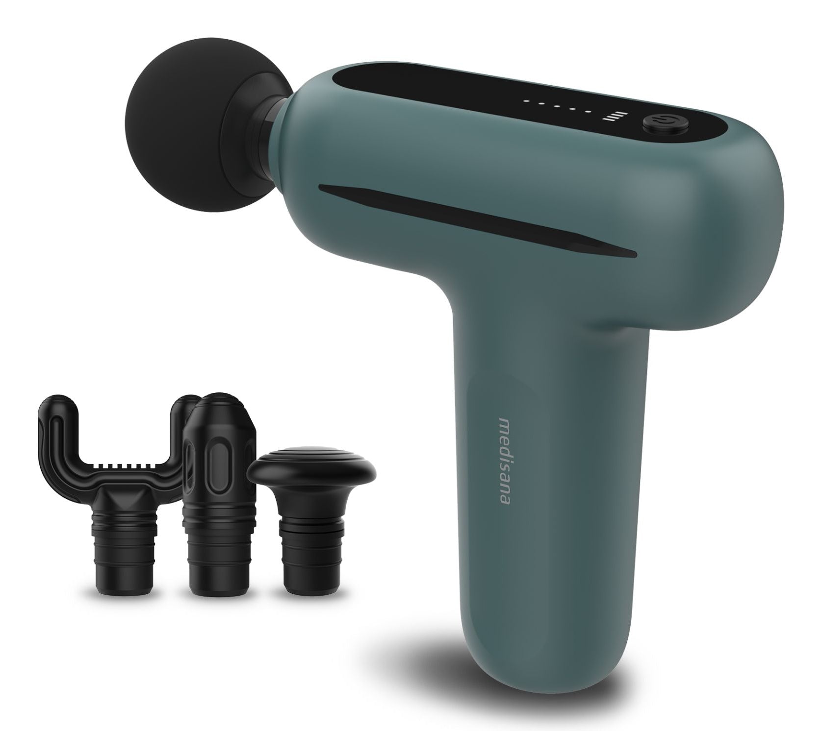 Medisana Massagepistole – schwarz, grau, 147 × 50 × 126 mm, 370 g, Akku, USB-Ladefunktion, 4 Köpfe, 5 Stufen