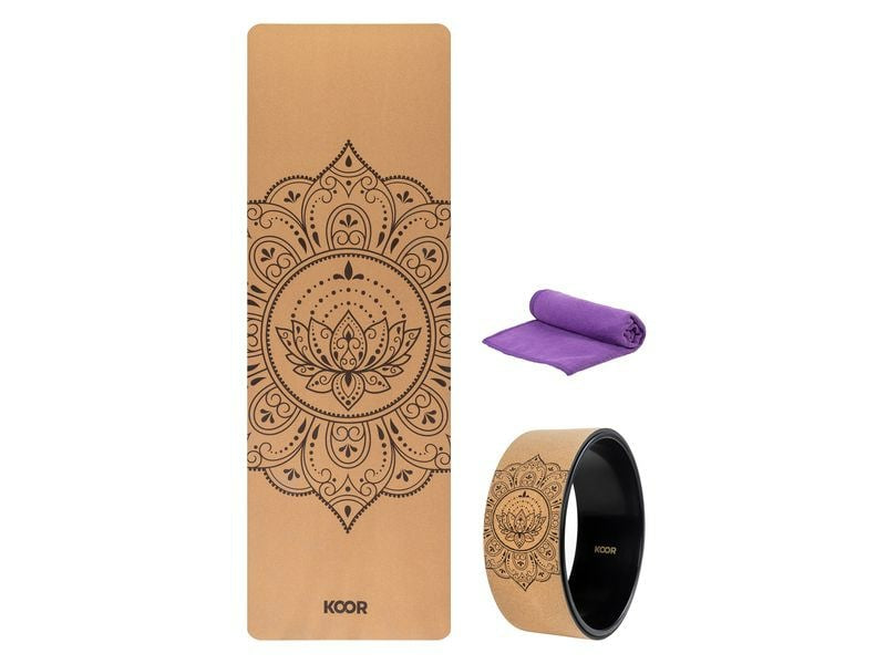 KOOR Yoga-Set – 183 × 61 × 0,4 cm – 3-teilig, inkl. Übungsband, Aufbewahrungsbox – braun/lila – Kork
