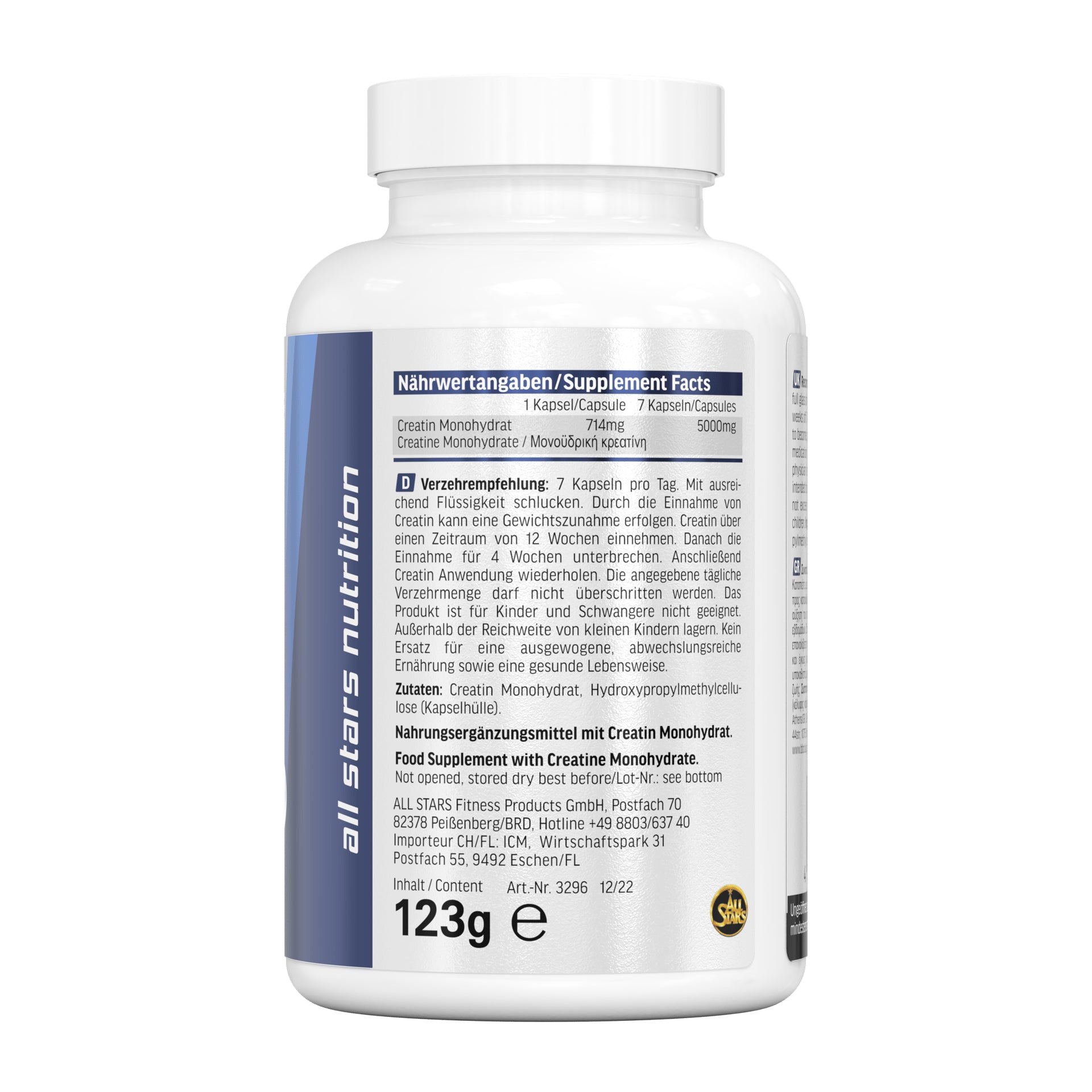 ALL STARS Fitness Products All Stars Creatin Kapseln – glutenfrei, laktosefrei – 150 Stück