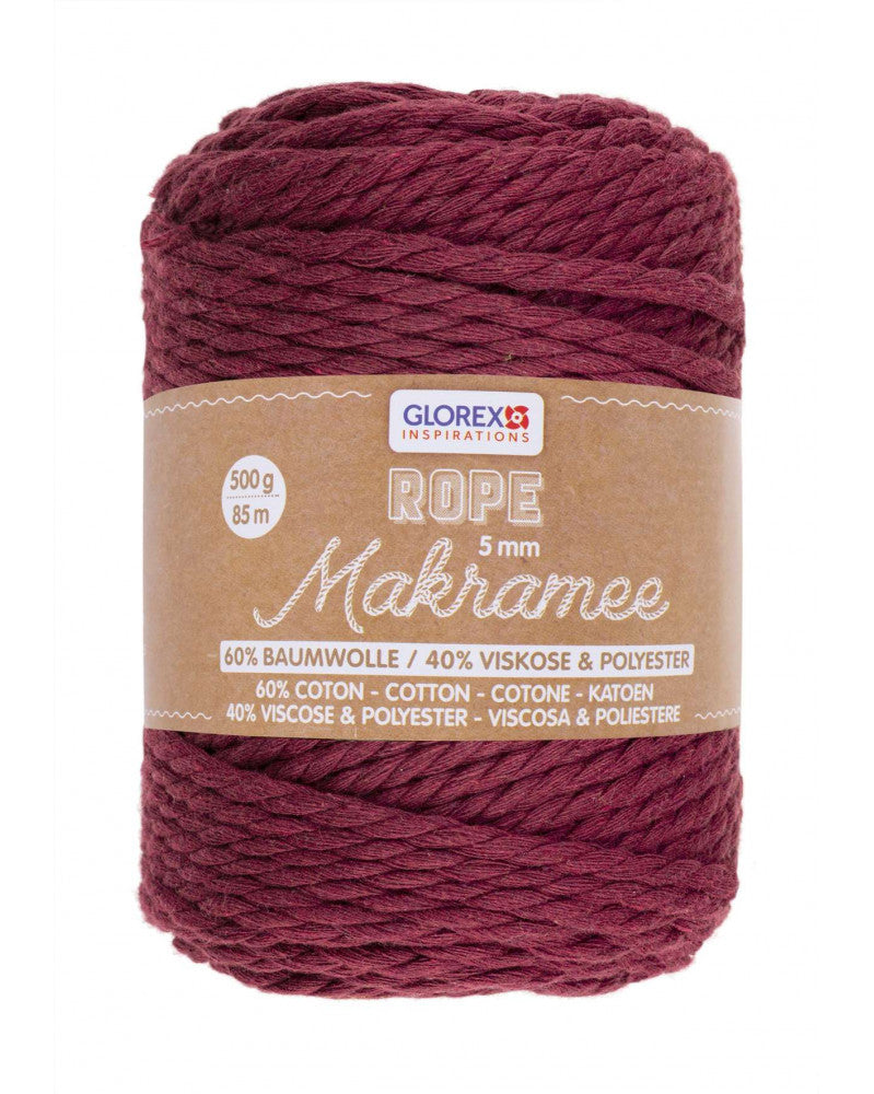 GLOREX Makramee-Kordel Bordeaux – Ø 5 mm, 500 g, 85 m, Baumwolle/Polyester/Viskose