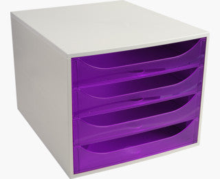 Exacompta Schubladenelement – 4 Schubladen, für A4+, grau/violett transparent, B 348 × H 234 × T 284 mm
