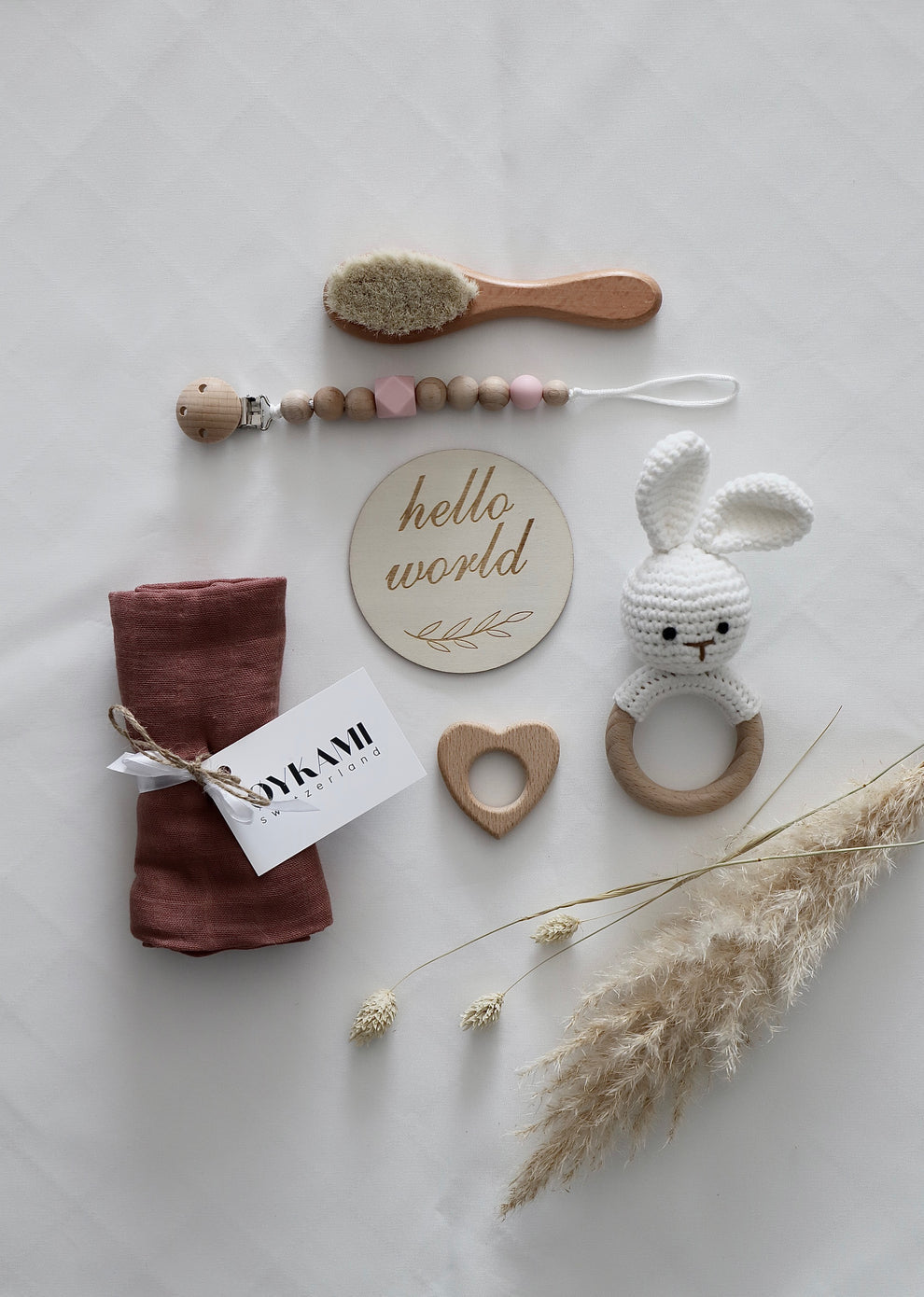 OYKAMI Geschenkbox – Holz, Baumwolle – Mehrfarbig (Weiss, Rosa, Beige)