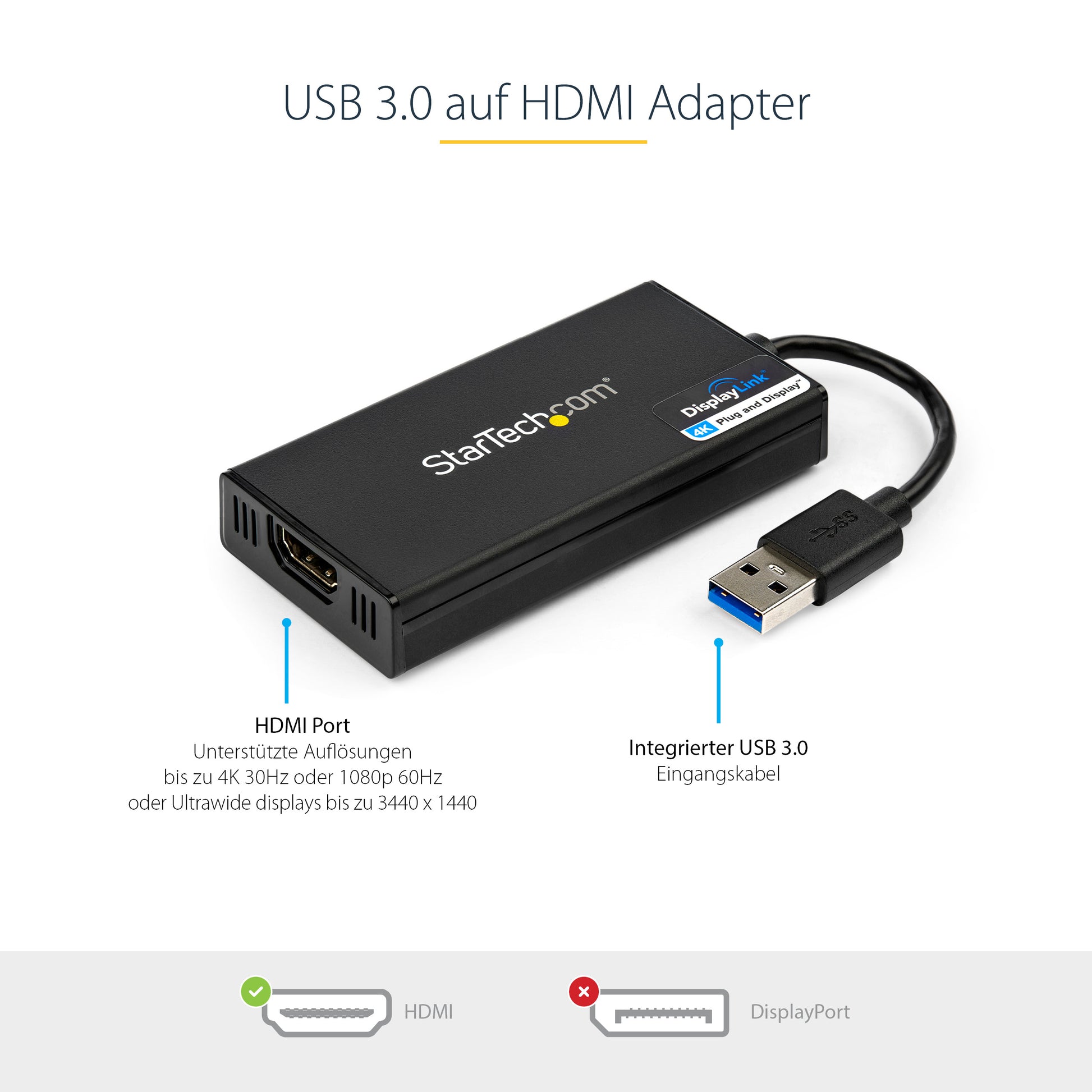 StarTech.com USB-A auf HDMI Adapter USB 3.2 Gen 1 4K 30 Hz – 0,063 m – für Mac, Windows, ChromeOS