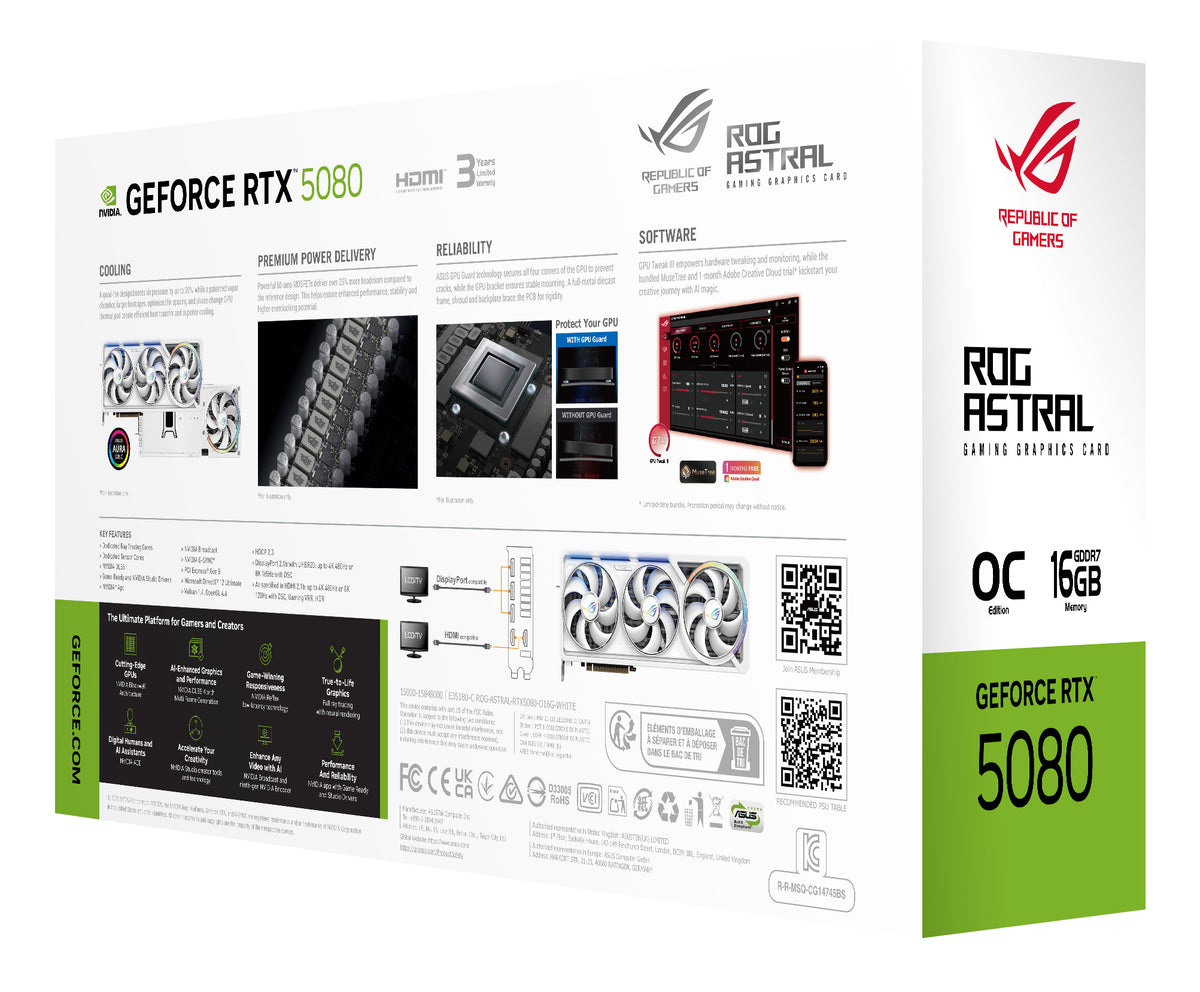 ASUS ROG-ASTRAL-RTX5080-O16G-WHITE – PCIe Grafikkarte – GeForce RTX 5080, 16 GB GDDR7, 2×HDMI, 3×DisplayPort
