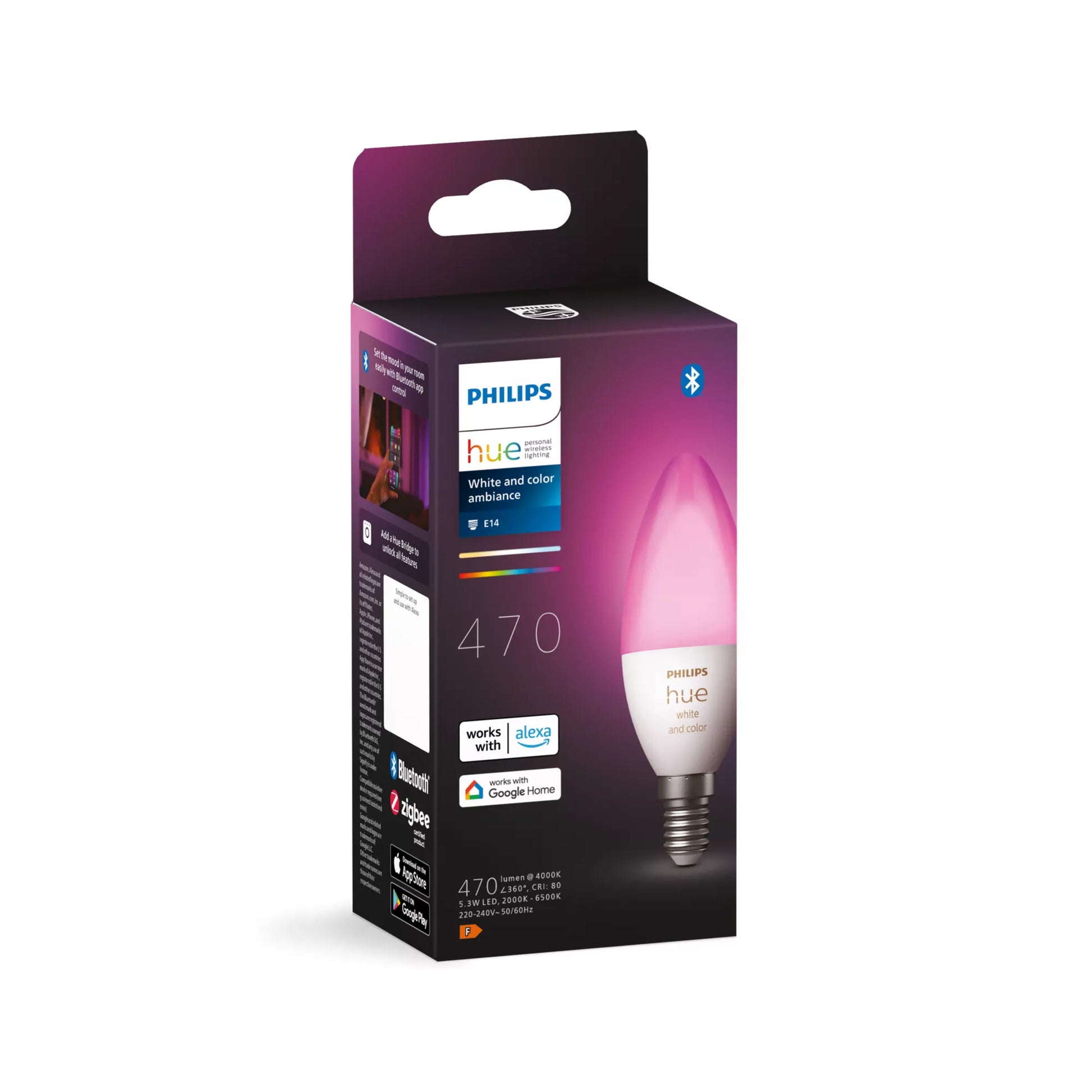 Philips by Signify Philips Hue Smart-Leuchtmittel E14 Kerze – RGB+CCT 2000–6500 K, 470 lm, 5,3 W, Bluetooth – für Philips Hue