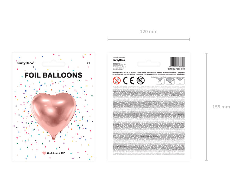 PartyDeco Folienballon Herz – Roségold – Ø 45 cm – Folie – 1 Stk