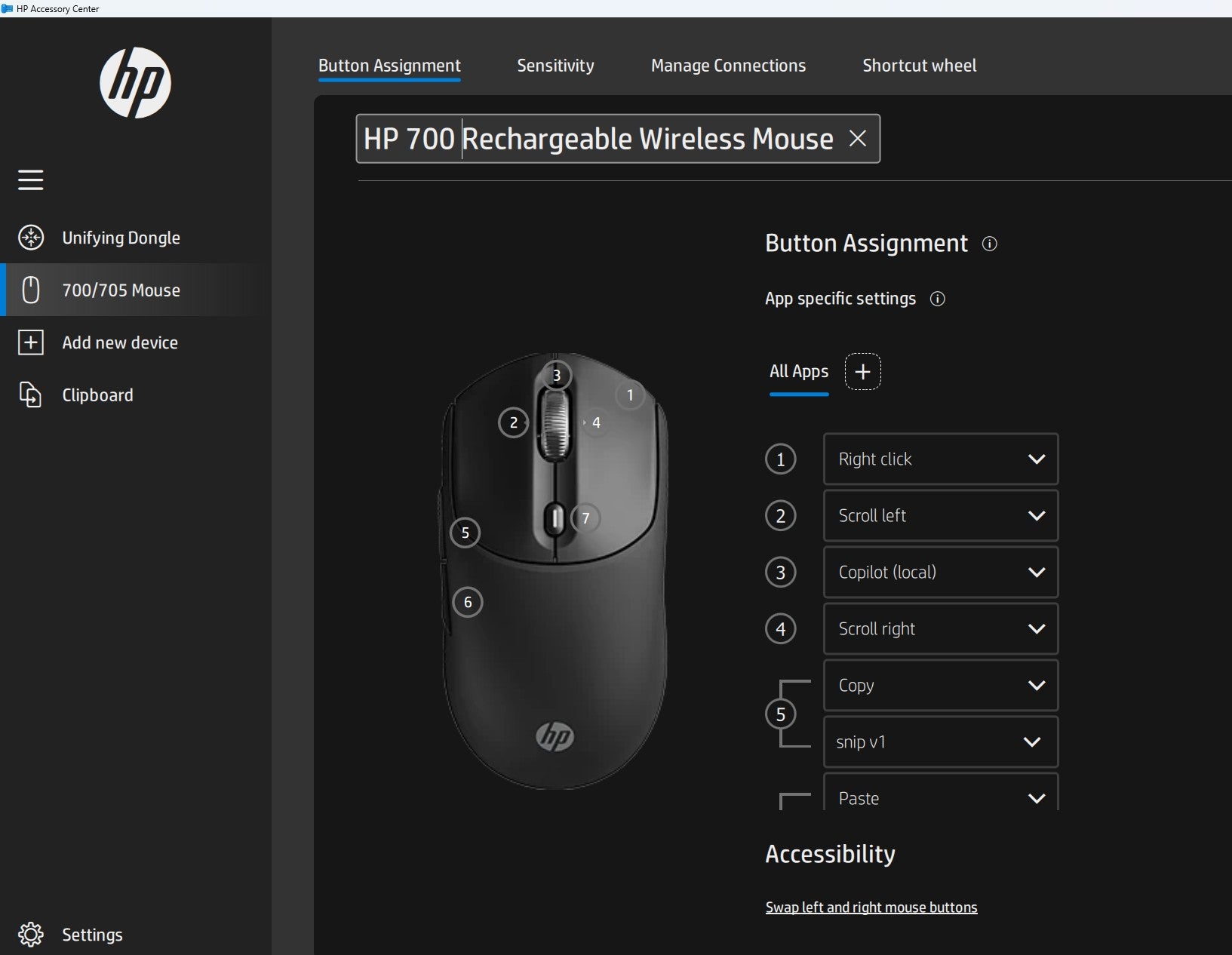 HP 700 – Maus – Kabellos (Bluetooth/2,4 GHz), 6000 DPI, beidhändig, Schwarz