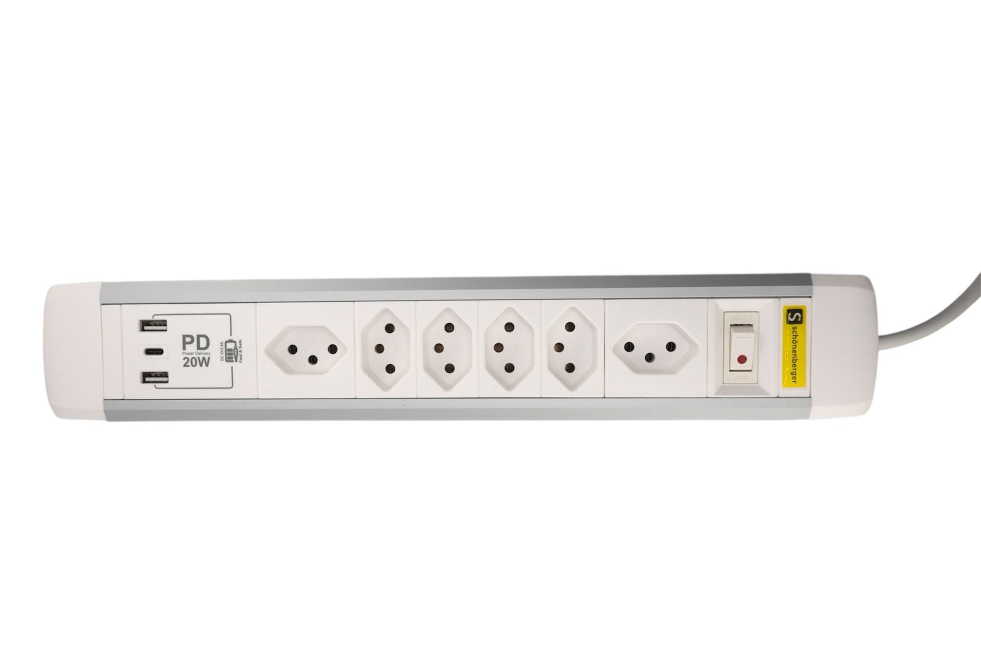 M. Schönenberger Schönenberger Standard Steckdosenleiste, 6×T13, 3×USB (1×USB‑C 20 W), mit Schalter, 2 m – Weiss