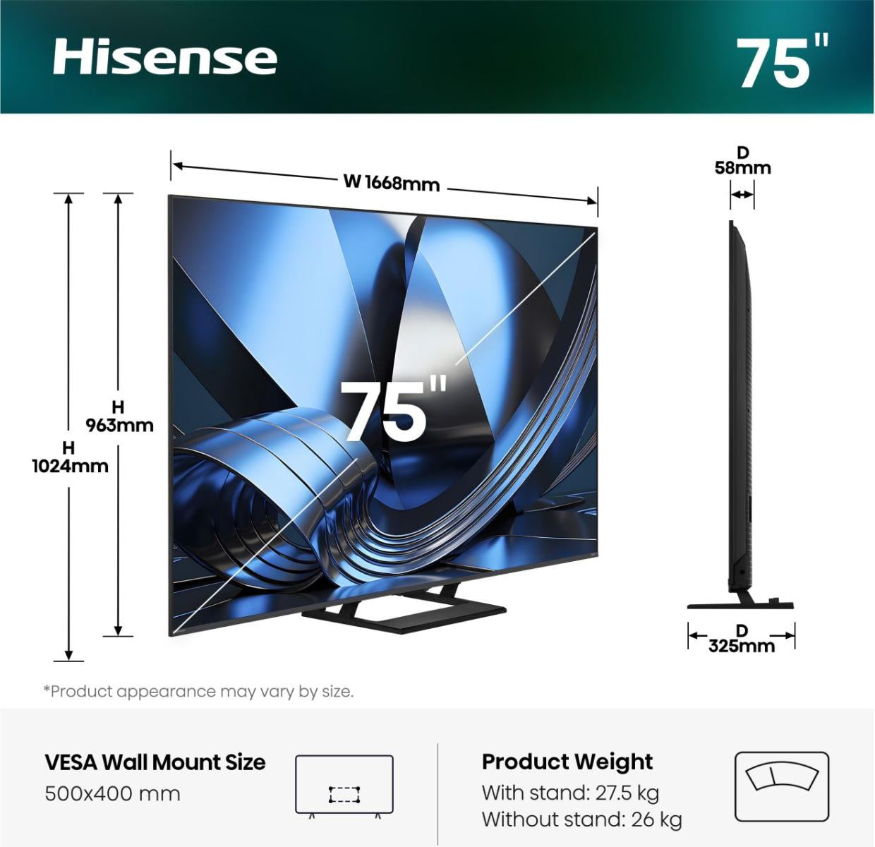 Hisense 75U7DSE – 75" TV – 4K UHD – Mini-LED – VIDAA – 144 Hz – Dolby Vision, HDR10+