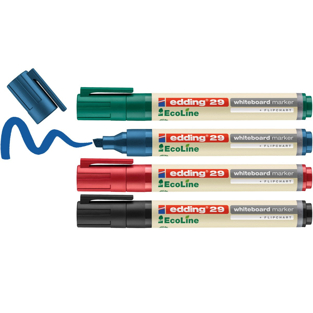Edding Whiteboard-Marker 29 EcoLine – Keilspitze 1-5 mm – sortiert – 4er-Set – trocken abwischbar