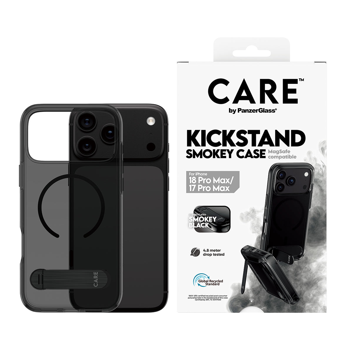 PanzerGlass CARE Kickstand – Backcover – für Apple iPhone 18 Pro Max / iPhone 17 Pro Max, PC+TPU, Smokey Schwarz
