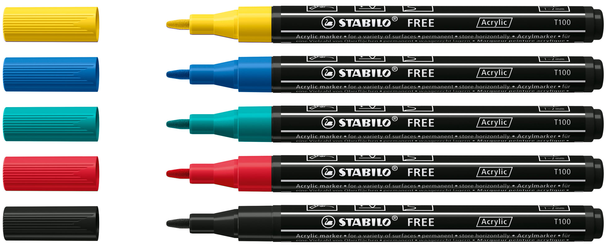 STABILO FREE T100 Acrylmarker – Rundspitze 1–2 mm – 5er-Set (Royal), für Glas
