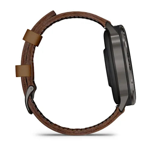 Garmin Venu 4 45 mm GPS – Edelstahl Schwarz, Braunes Lederarmband, 50 m, für iPhone