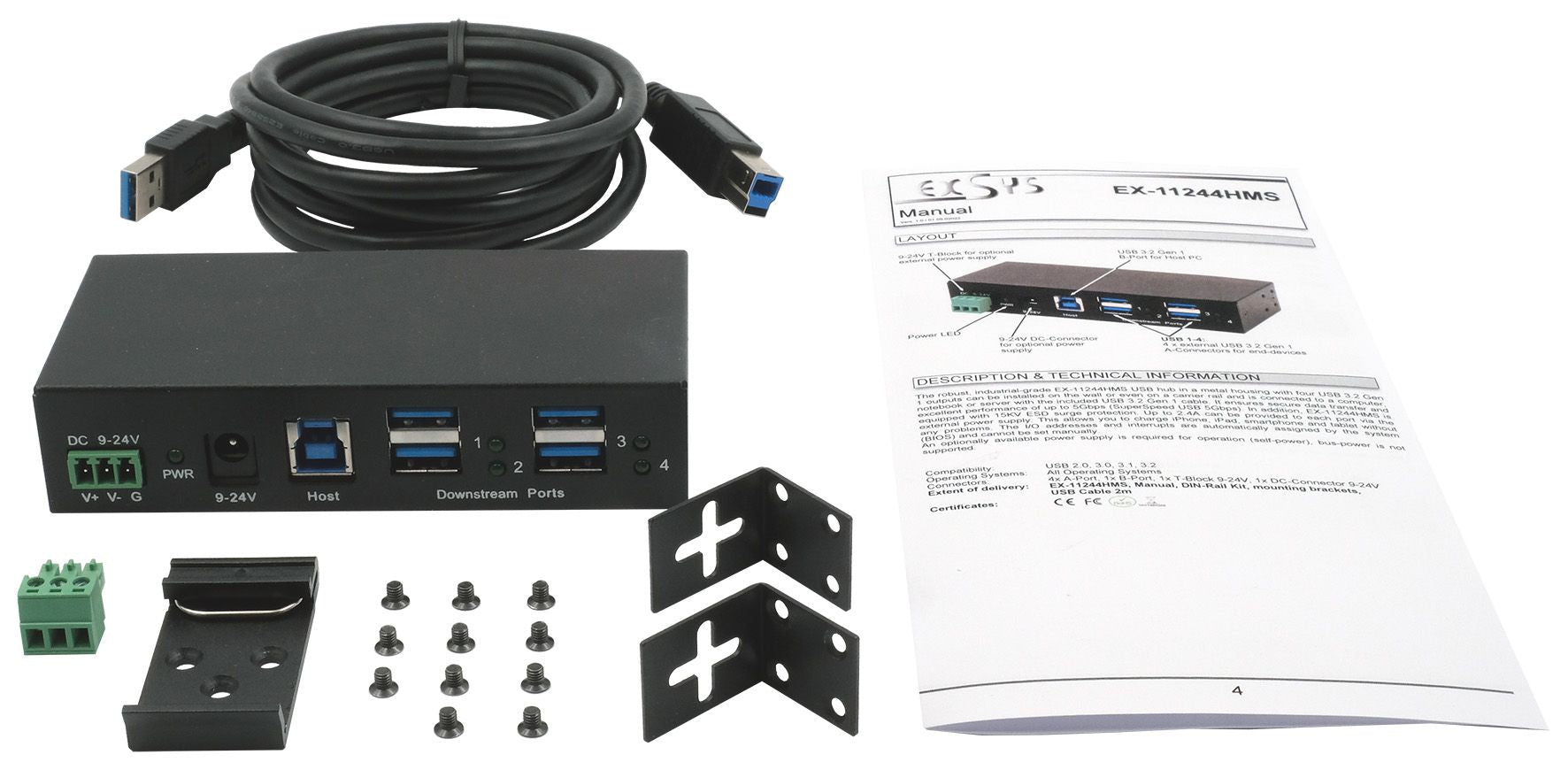 EXSYS EX-11244HMS USB-Hub – USB-B, 4× USB-A, für Windows/Mac/Linux