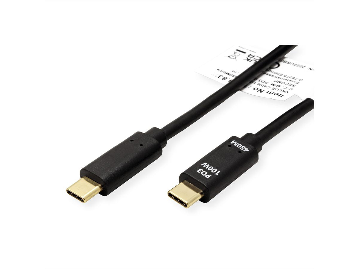 VALUE USB-C auf USB-C Kabel – USB 2.0 (480 Mbit/s) – 2 m – PD 100 W – Vergoldete Kontakte – Schwarz